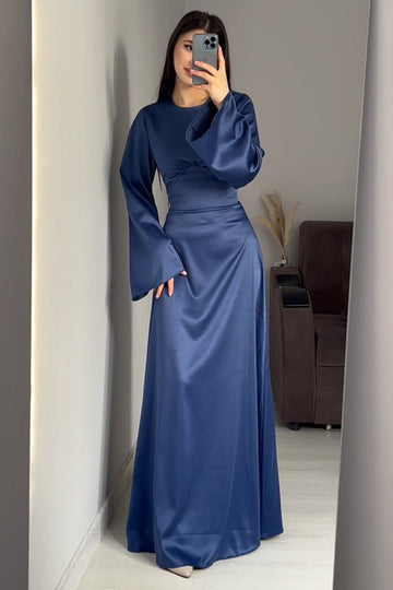 Woochic robe à manches longues col en rond à lacets taille cintrée bleu1 S